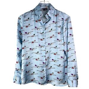 Bendita Seas Satin Long Sleeve Button Down Top Swimming Women Novelty SMALL